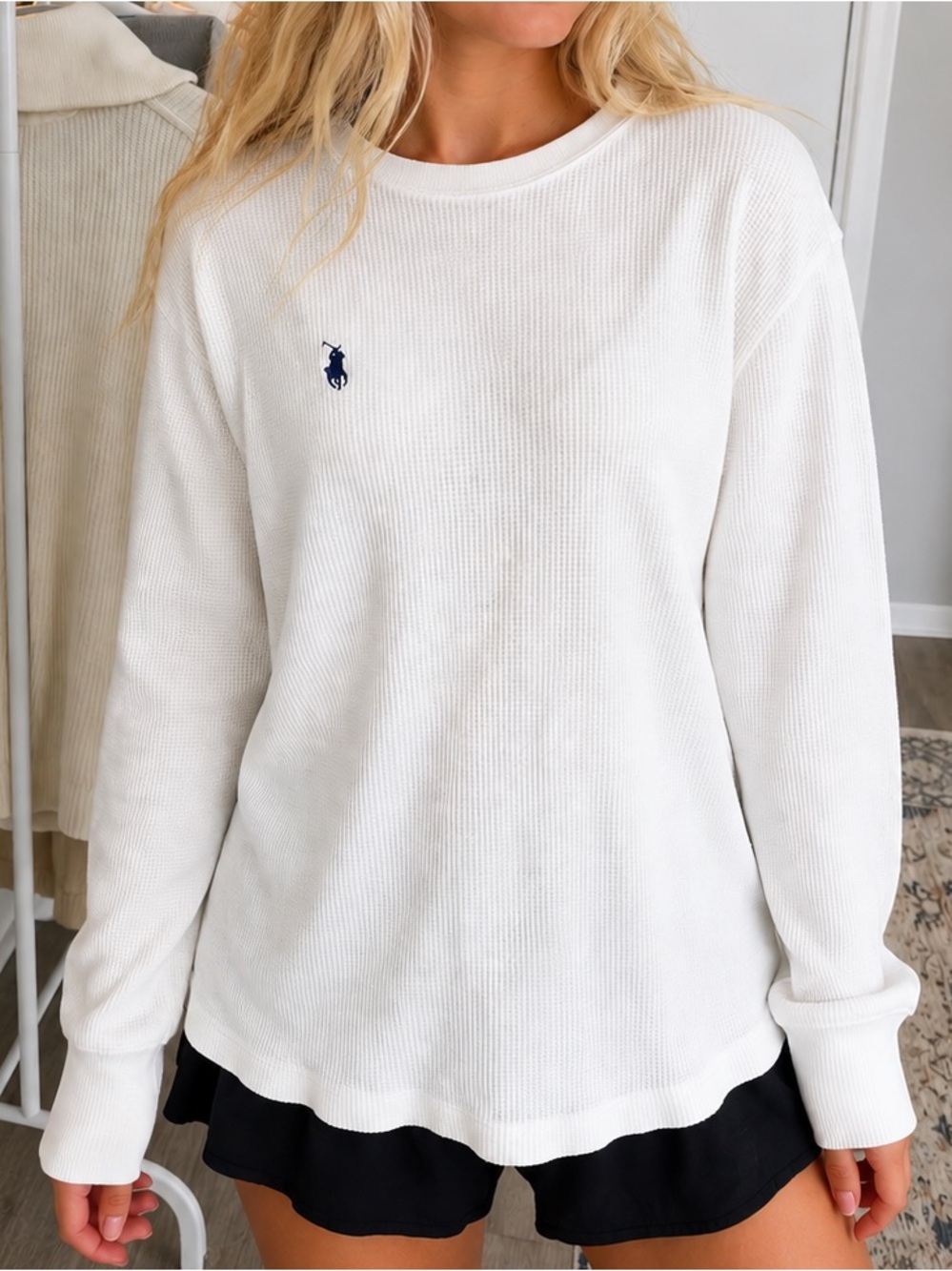 Polo Ralph Lauren White Waffle-Knit Crewneck Long Sleeve Top